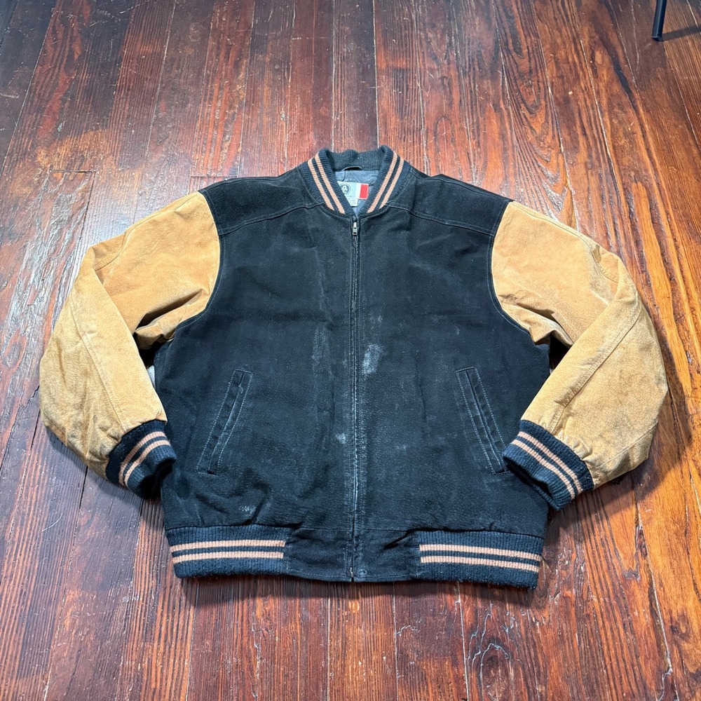 Vintage Arizona Jean Co Varsity Bomber Jacket Mens M Black Tan Suede Leather Zip
